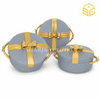 Dove-grey and gold bow-design 3-piece insulated hotpot set on a white background