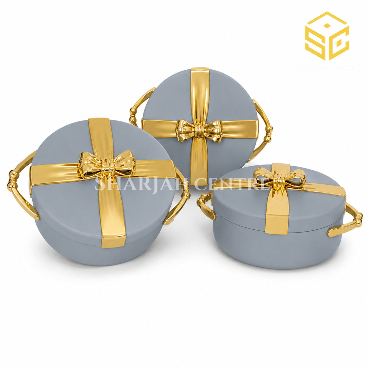 Dove-grey and gold bow-design 3-piece insulated hotpot set on a white background