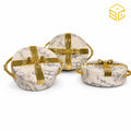 White marble and gold bow-design 3-piece insulated hotpot set in 3L, 2.5L and 2L sizes
