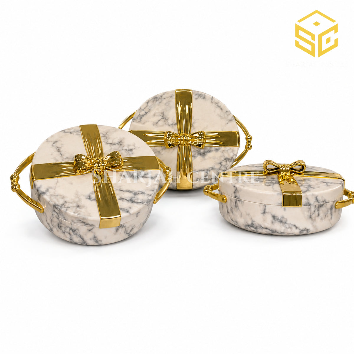 White marble and gold bow-design 3-piece insulated hotpot set in 3L, 2.5L and 2L sizes