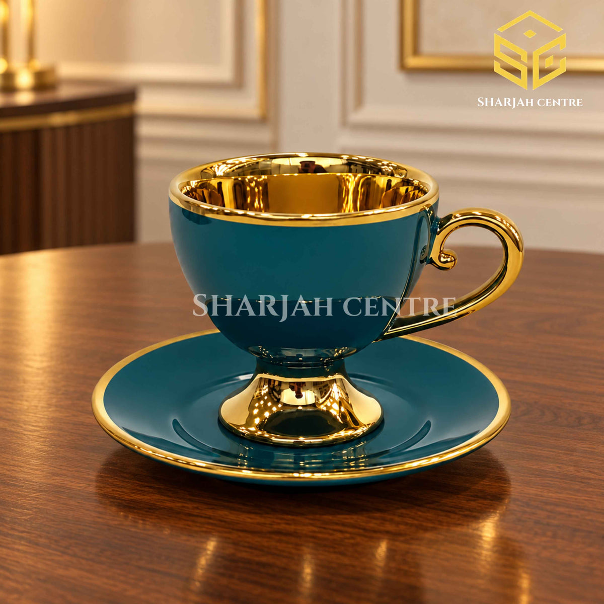 Deep teal and gold cup and saucer luxury table setting – Sharjah Centre Multan