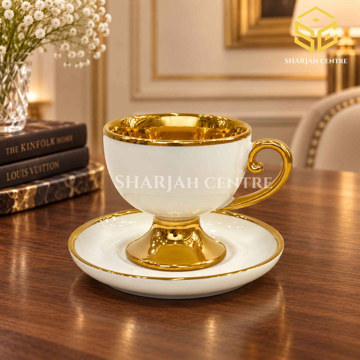 Luxury ivory white and gold cup and saucer on wooden table – Sharjah Centre Multan