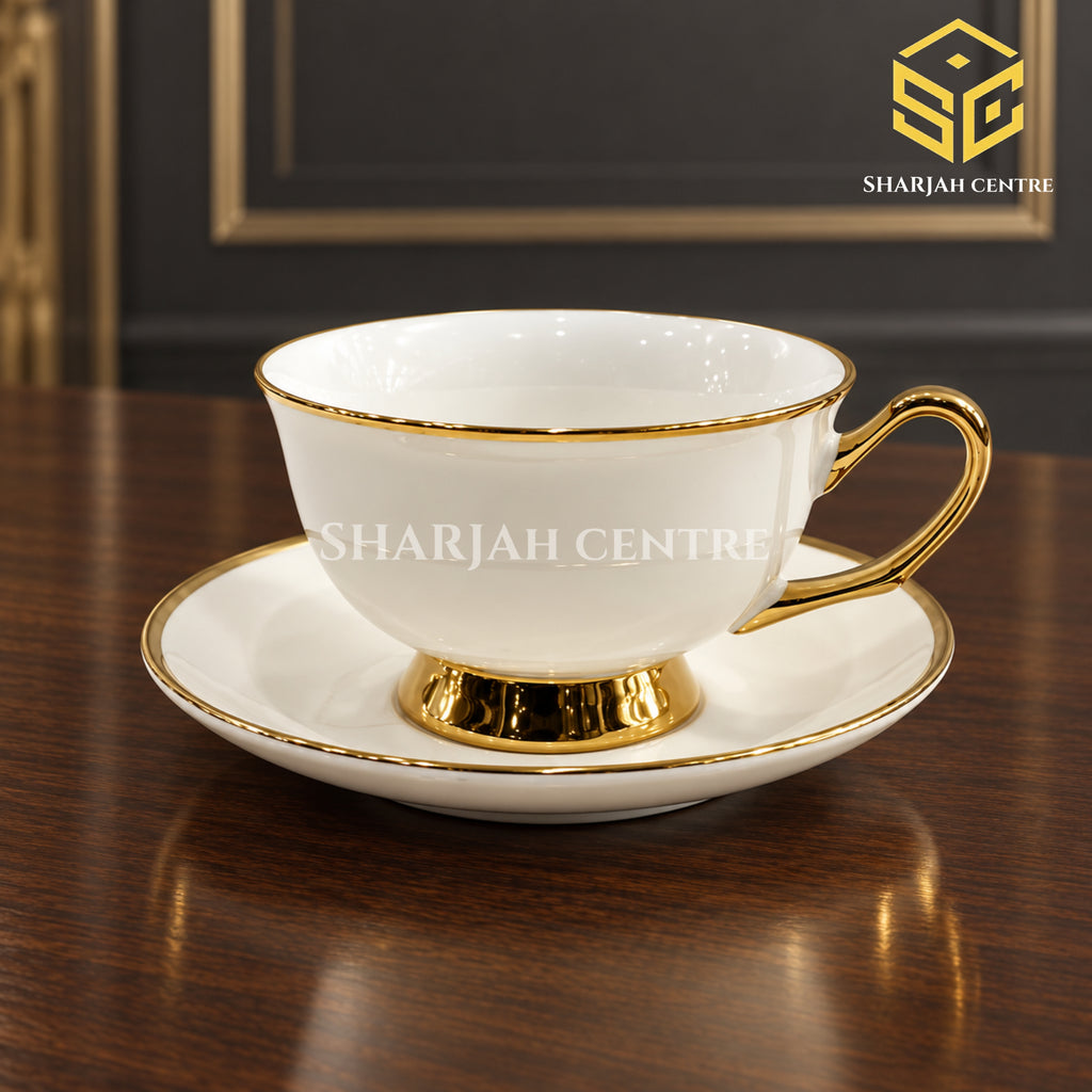 ivory white cup and saucer, gold handle, gold pedestal base, gold rim, luxury tea crockery, Sharjah Centre Multan