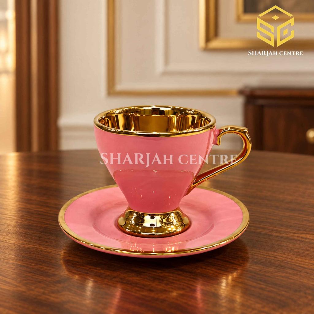 Luxury pink gold tea cup and saucer on wooden table – Sharjah Centre Multan