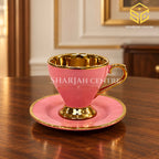 Luxury pink gold tea cup and saucer on wooden table – Sharjah Centre Multan