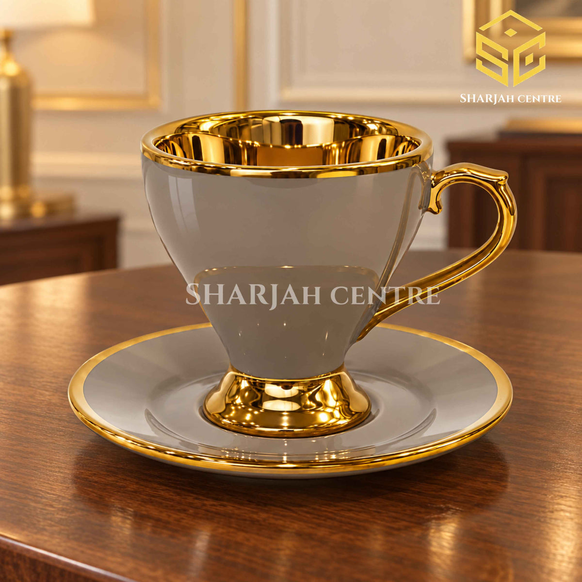Luxury taupe grey gold cup and saucer displayed on wooden table – Sharjah Centre