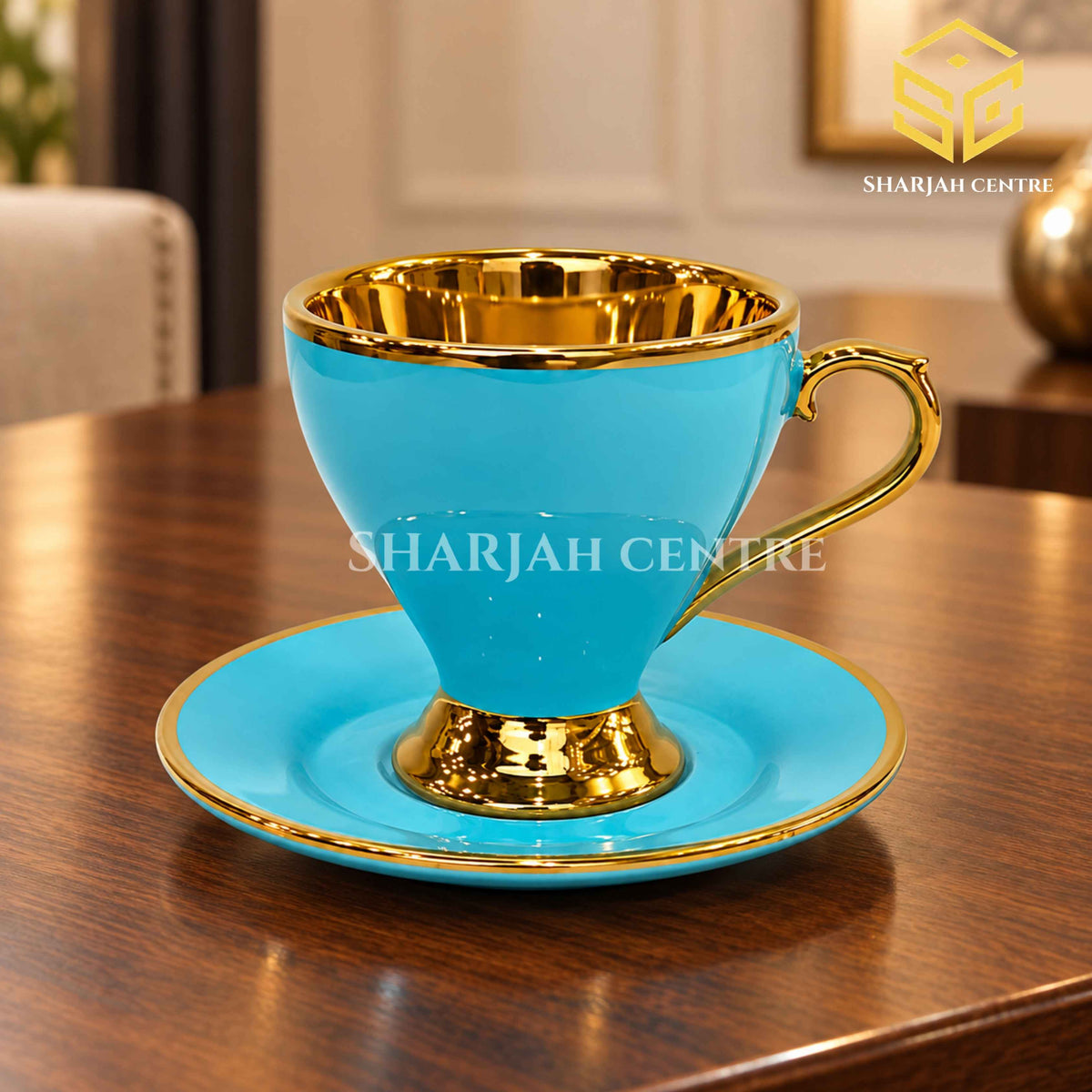 Luxury turquoise gold tea cup and saucer on wooden table – Sharjah Centre