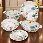 Modern, double glazed 77 pcs, melamine dinner set for 8 persons, with green floral design,luxuary bg.