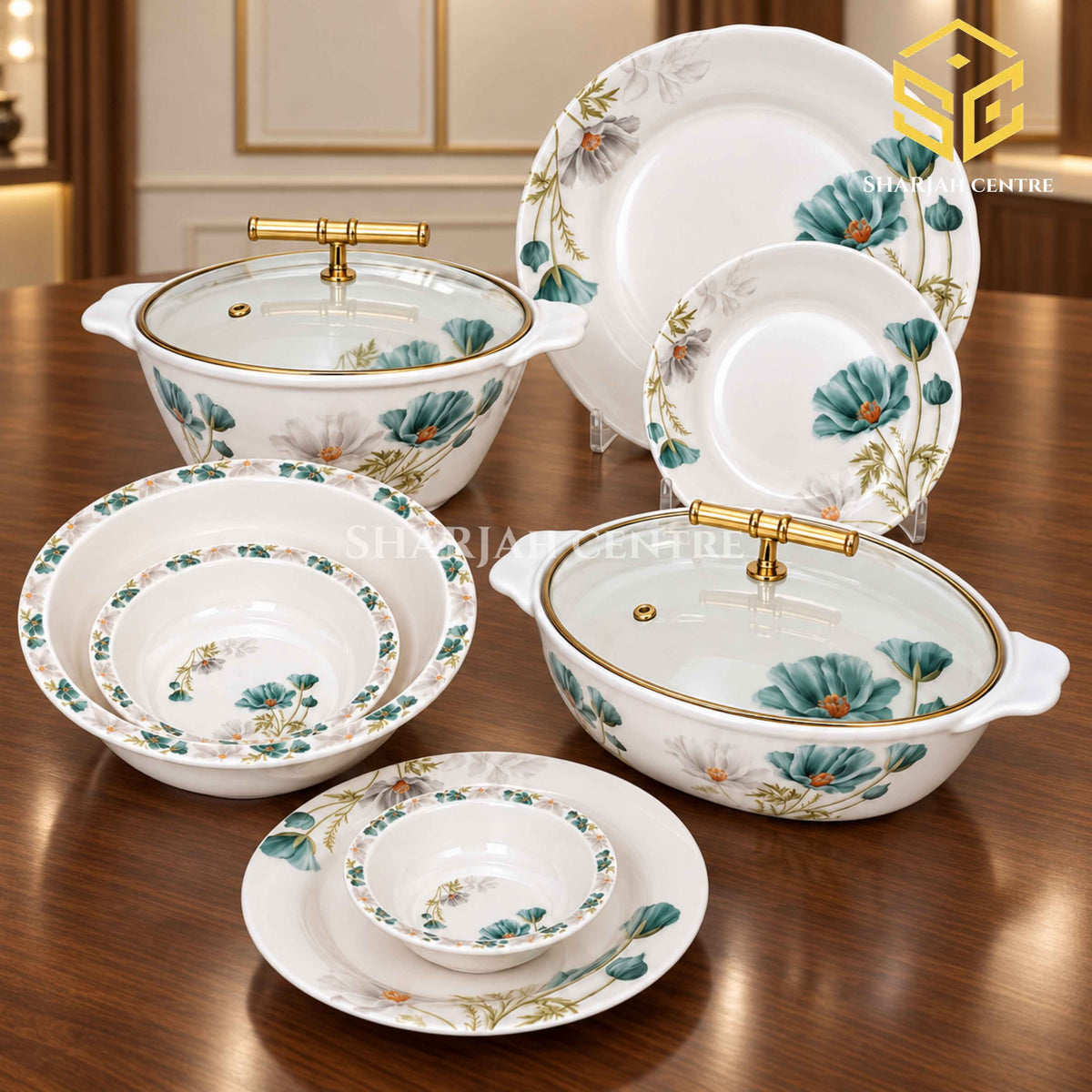 Modern, double glazed 77 pcs, melamine dinner set for 8 persons, with green floral design,luxuary bg.