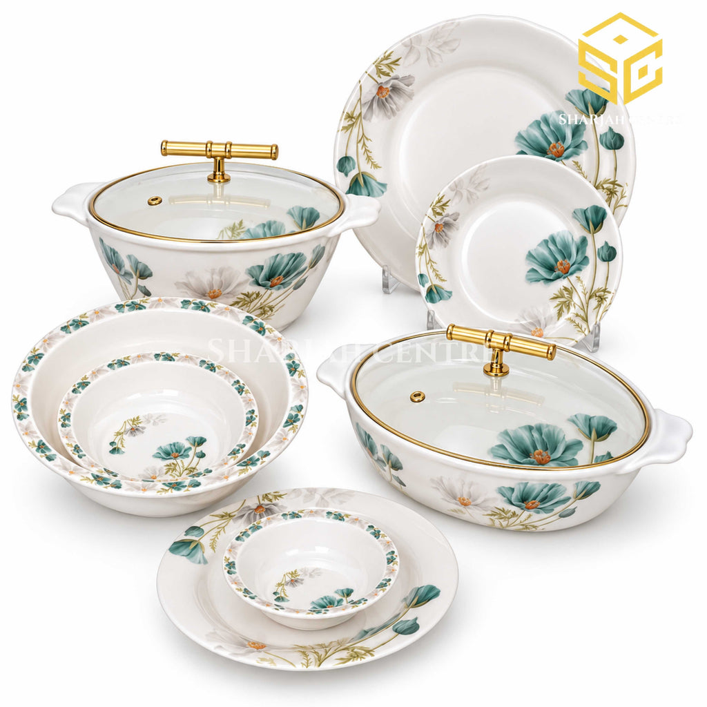 Modern double glazed 77 pcs melamine dinner set for 8 persons with green floral design.
