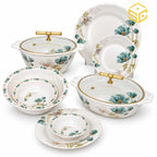 Modern double glazed 77 pcs melamine dinner set for 8 persons with green floral design.