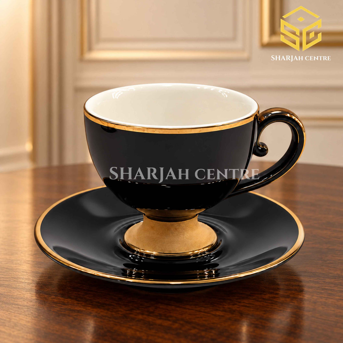 Midnight black cup and saucer, gold detailing, luxury table setting, premium crockery, Sharjah Centre Multan