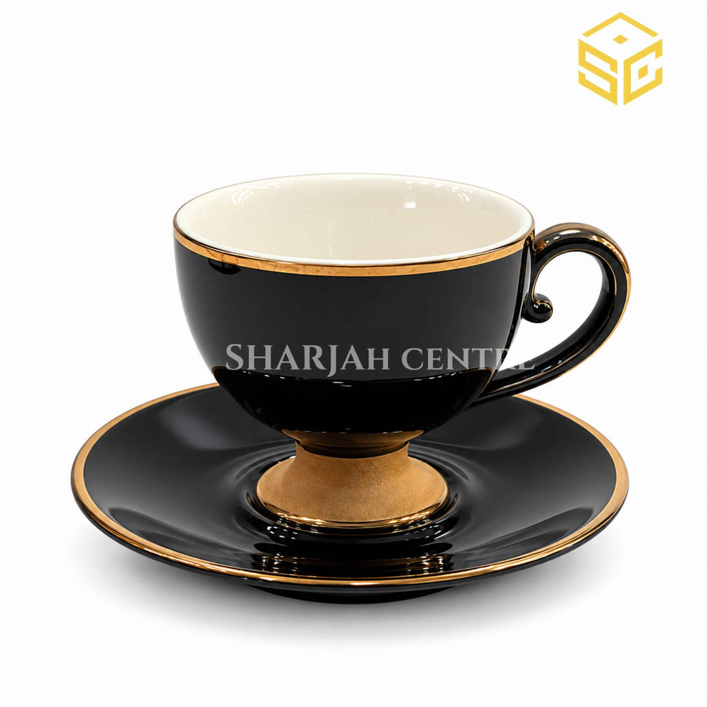 Midnight black cup and saucer, gold rim, gold pedestal base, luxury tea cup, Sharjah Centre Multan