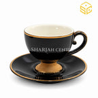 Midnight black cup and saucer, gold rim, gold pedestal base, luxury tea cup, Sharjah Centre Multan