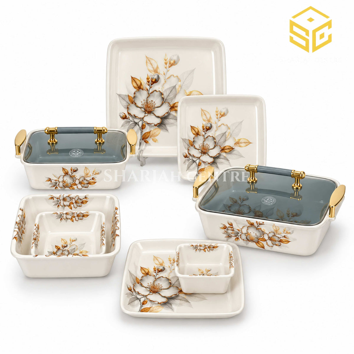 Modern ivory square dinnerware features golden-brown floral artwork, grey leaves and smoky lids with gold-tone handles against a white background.
