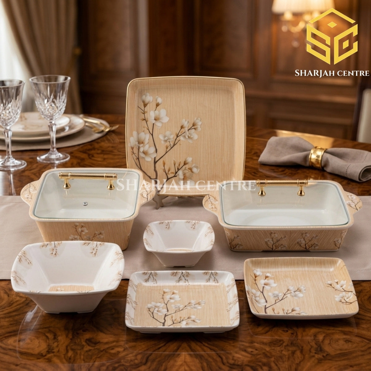 double glazed melamine dinner set, Modern 77 piece dinnerware set, blue brown leaf dinner set design, lightweight melamine crockery, luxury dining table