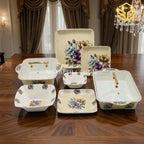 double glazed melamine dinner set, Modern 77 piece dinnerware set, blue brown leaf dinner set design, lightweight melamine crockery, luxury dining table