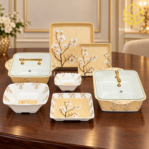 double glazed melamine dinner set, Modern 77 piece dinnerware set, blue brown leaf dinner set design, lightweight melamine crockery, luxury dining table