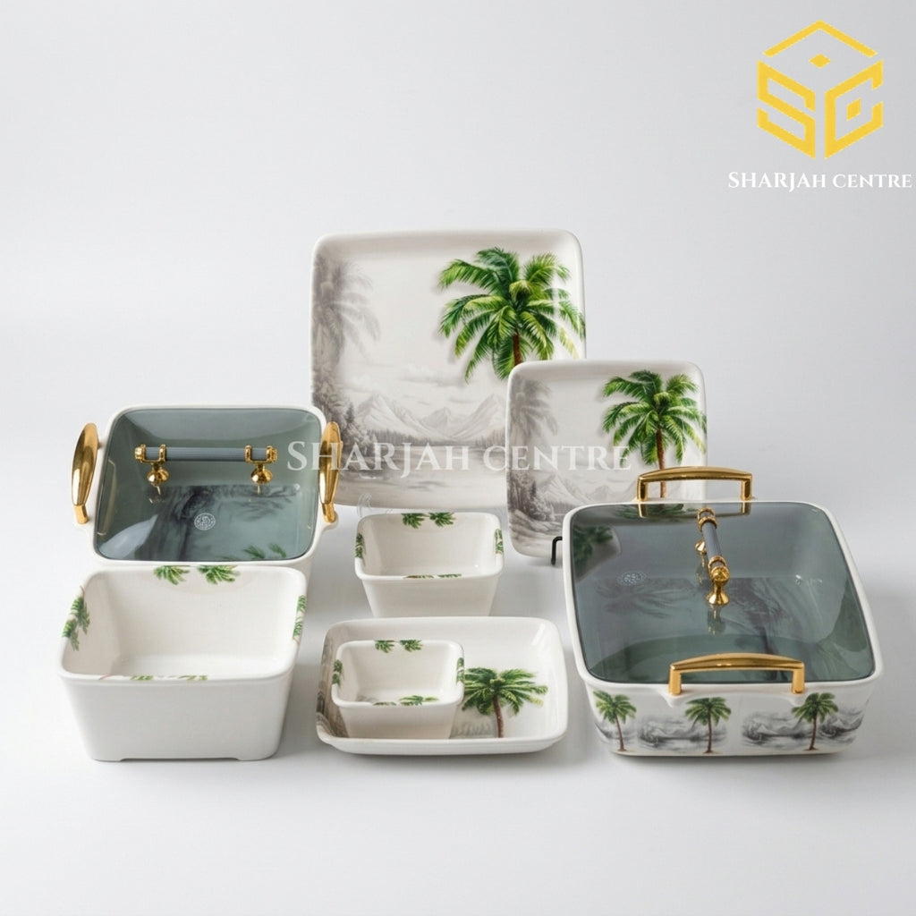 Modern melamine dinner set, 77 piece dinnerware set, 8 person serving, tropical palm design, crystal coated, double glazed, gold handle serving dishes, Sharjah Centre Multan