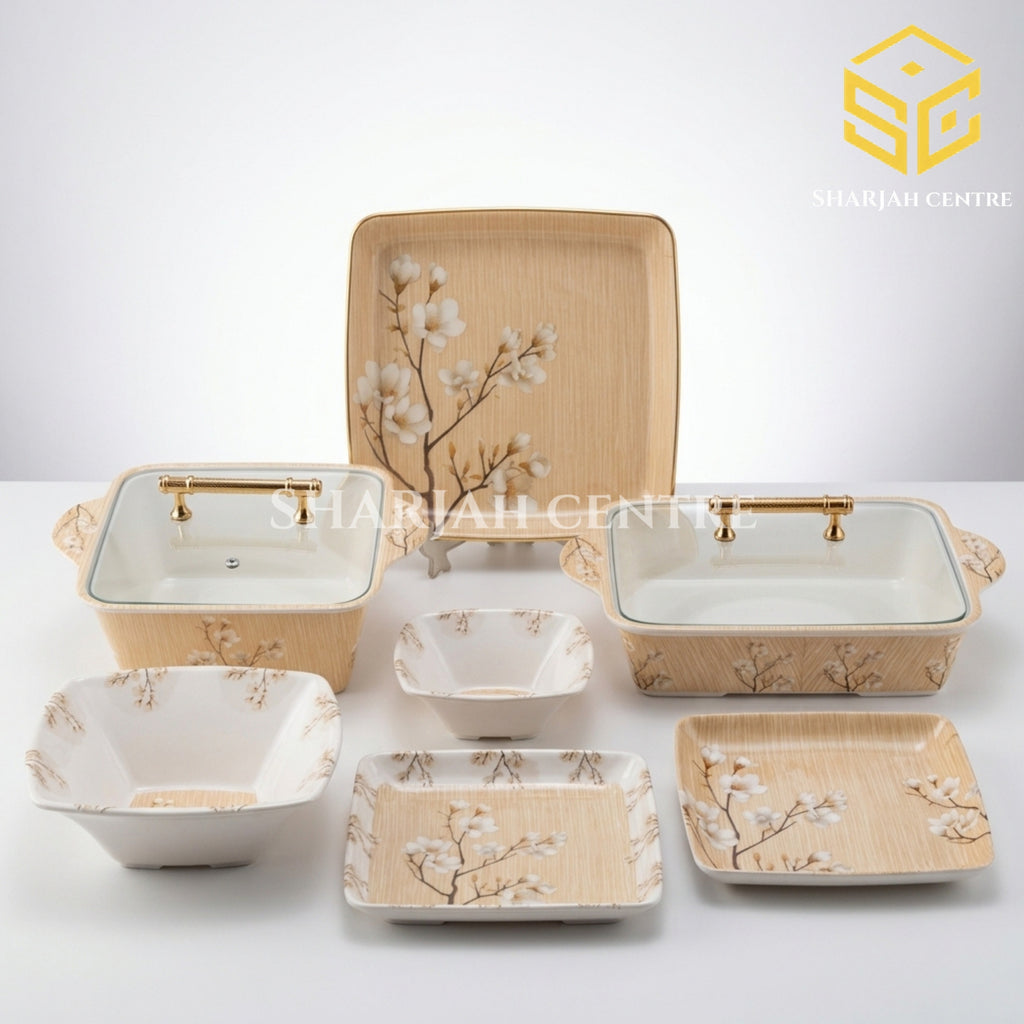 Modern melamine dinner set, 77 pieces, 8 person serving, double glazed melamine crockery, blue brown leaf design, melamine plates bowls dishes, white background