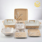 Modern melamine dinner set, 77 pieces, 8 person serving, double glazed melamine crockery, blue brown leaf design, melamine plates bowls dishes, white background