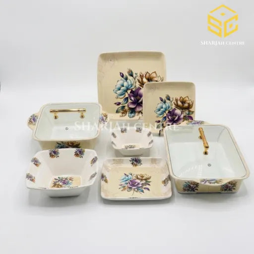 Modern melamine dinner set, 77 pieces, 8 person serving, double glazed melamine crockery, blue brown leaf design, melamine plates bowls dishes, white background