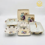Modern melamine dinner set, 77 pieces, 8 person serving, double glazed melamine crockery, blue brown leaf design, melamine plates bowls dishes, white background