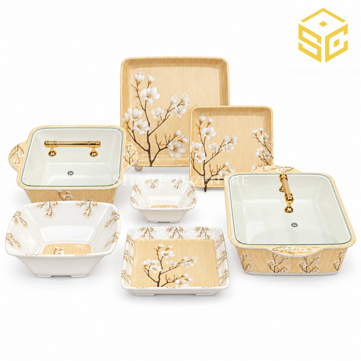 Modern melamine dinner set, 77 pieces, 8 person serving, double glazed melamine crockery, blue brown leaf design, melamine plates bowls dishes, white background