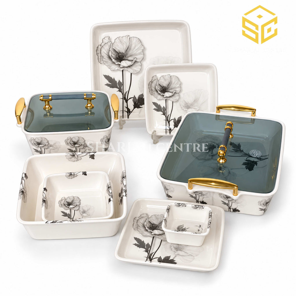 Modern Gold square melamine dinner set, grey floral plates and bowls, smoky lids and gold-tone handles, white background