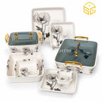 Modern Gold square melamine dinner set, grey floral plates and bowls, smoky lids and gold-tone handles, white background