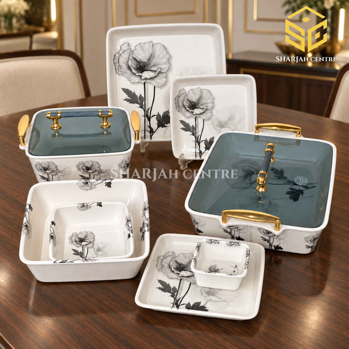 Modern Gold floral melamine dinnerware, square serving dishes with smoky lids, gold-tone handles, wooden dining table