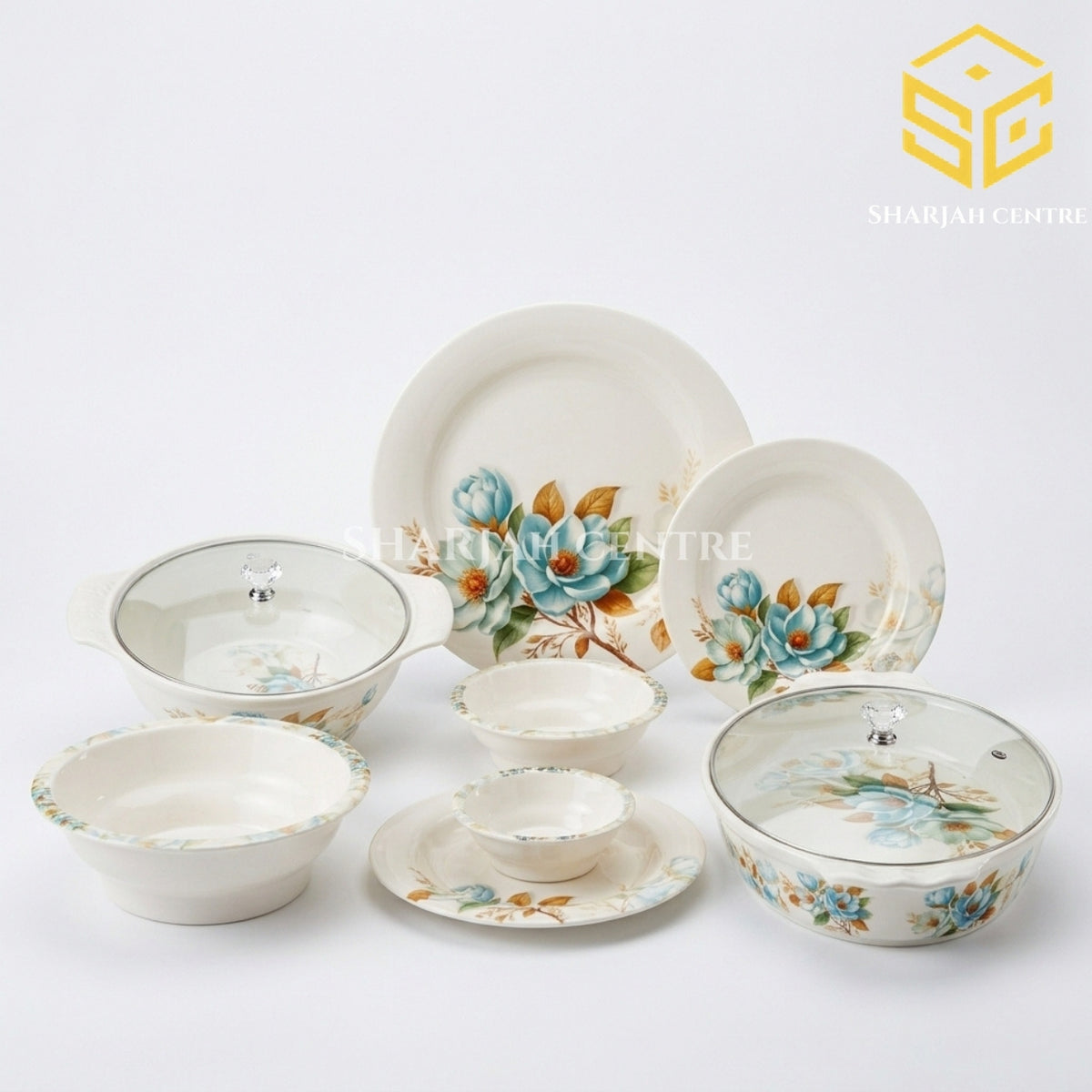 77 piece melamine dinner set, Modern Nice blue floral dinnerware, melamine plates, melamine bowls, melamine dishes, crystal coated double glazed set, Sharjah Centre Multan