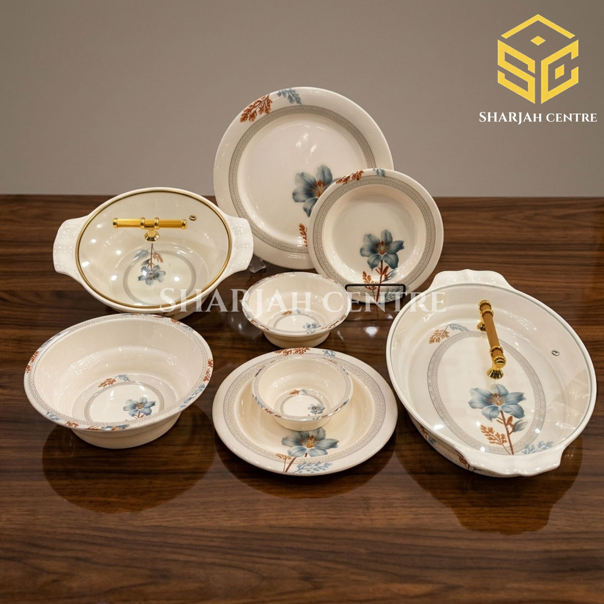 Modern Nice 77 piece melamine dinner set, blue floral dinnerware sets, melamine plates, melamine bowls, gold handle serving dishes, luxury wooden table, Sharjah Centre Multan