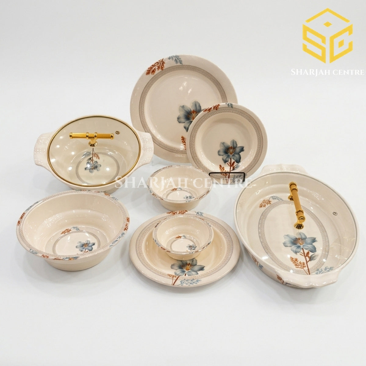 Modern Nice melamine dinner set, 77 piece dinnerware set, 8 person serving, crystal coated, double glazed, blue floral design, gold handle serving dishes, Sharjah Centre Multan