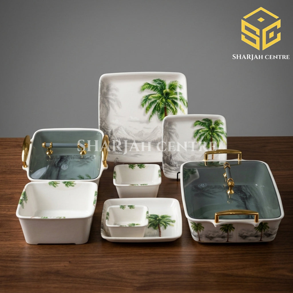 77 piece melamine dinner set, tropical palm dinnerware, square melamine plates, melamine bowls, gold handle serving dishes, luxury wooden table, Sharjah Centre Multan