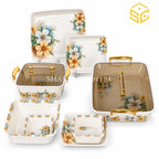 Modern yellow floral square melamine dinner set, matching plates and bowls, amber-brown lids, gold-tone handles, white background