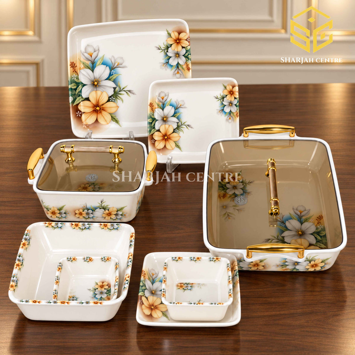 Modern square melamine dinnerware, yellow and white flowers, covered serving dishes with gold-tone handles, wooden table display
