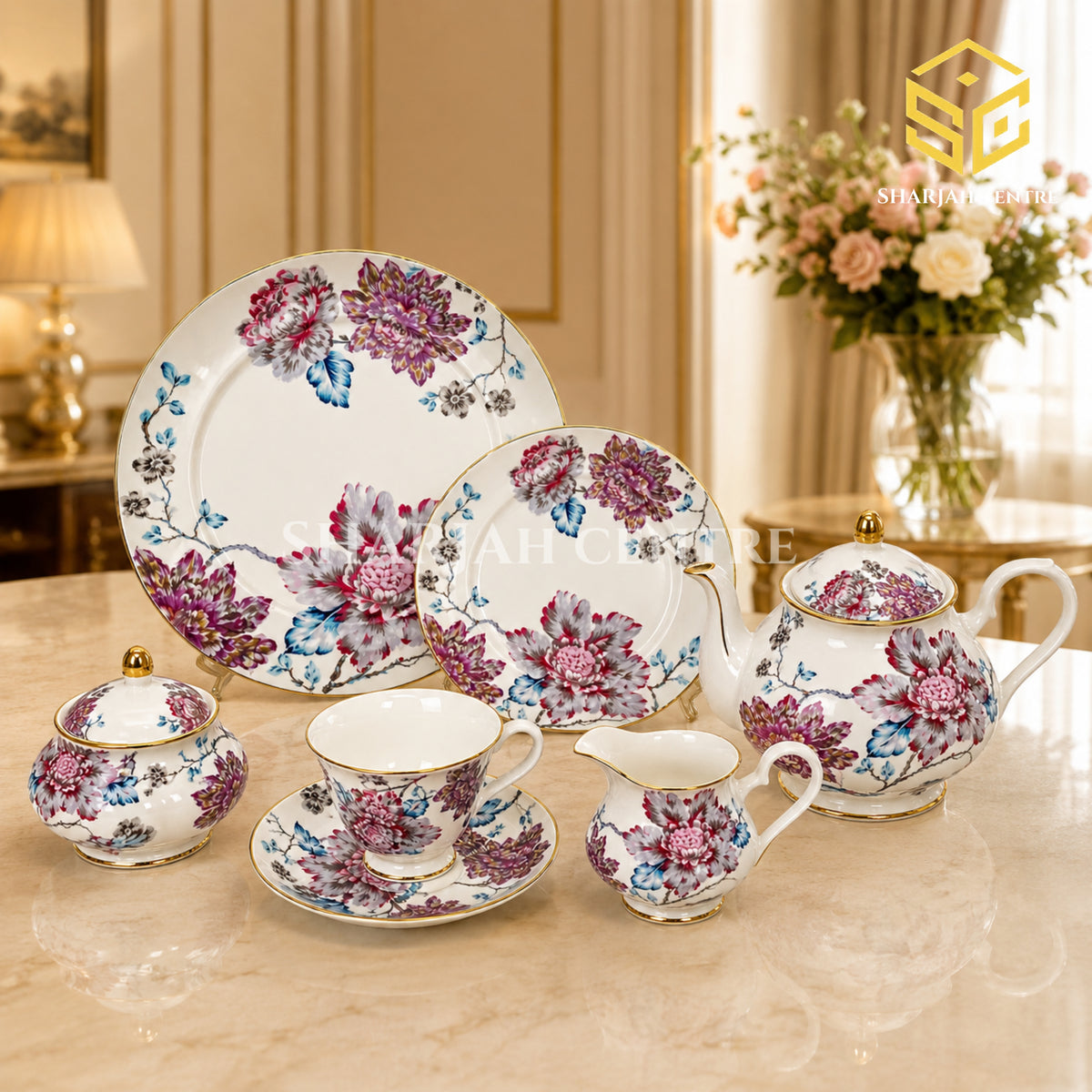 More & More 24-piece bone china tea set with 6 person serving, multicolour floral design and gold-tone rims colord bg