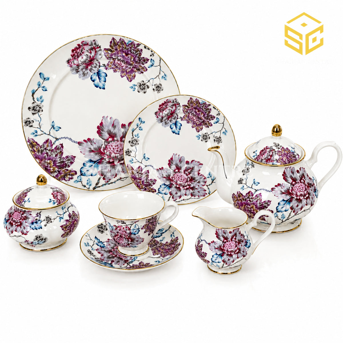 More & More 24-piece bone china tea set with 6 person serving, multicolour floral design and gold-tone rims white bg