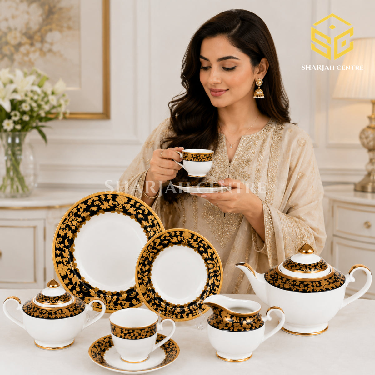 N C England Model 24-piece Super Bone tea set with 6 person serving, black borders and ornate gold-tone detailing model bg