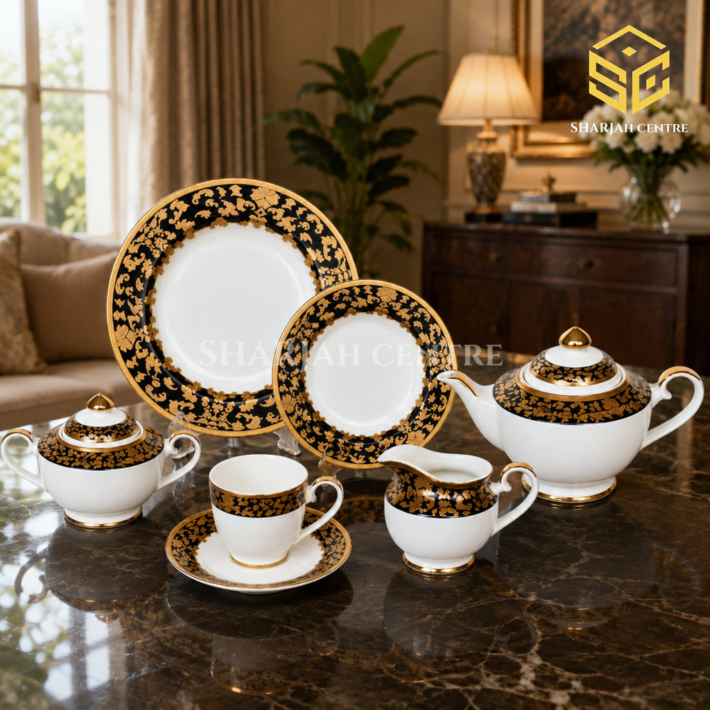 N C England Model 24-piece Super Bone tea set with 6 person serving, black borders and ornate gold-tone detailing color bg
