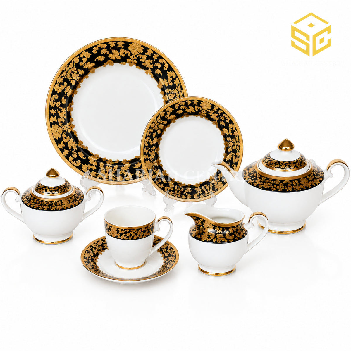 N C England Model 24-piece Super Bone tea set with 6 person serving, black borders and ornate gold-tone detailing white bg
