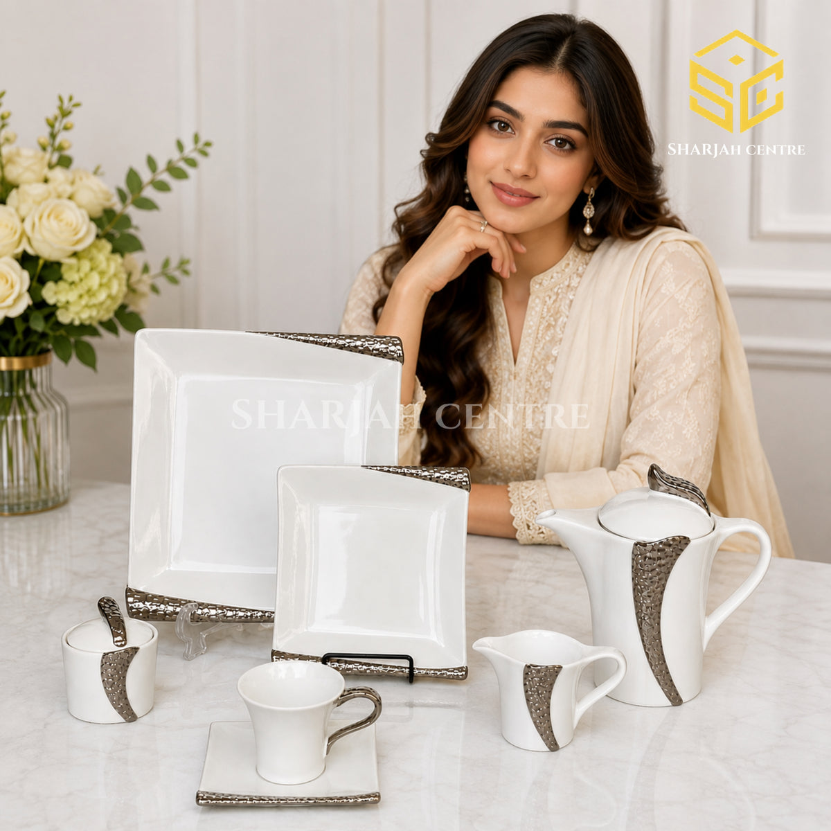 N C England Model 24-piece Super Bone tea set with 6 person serving, square plates and textured silver-tone accents model bg