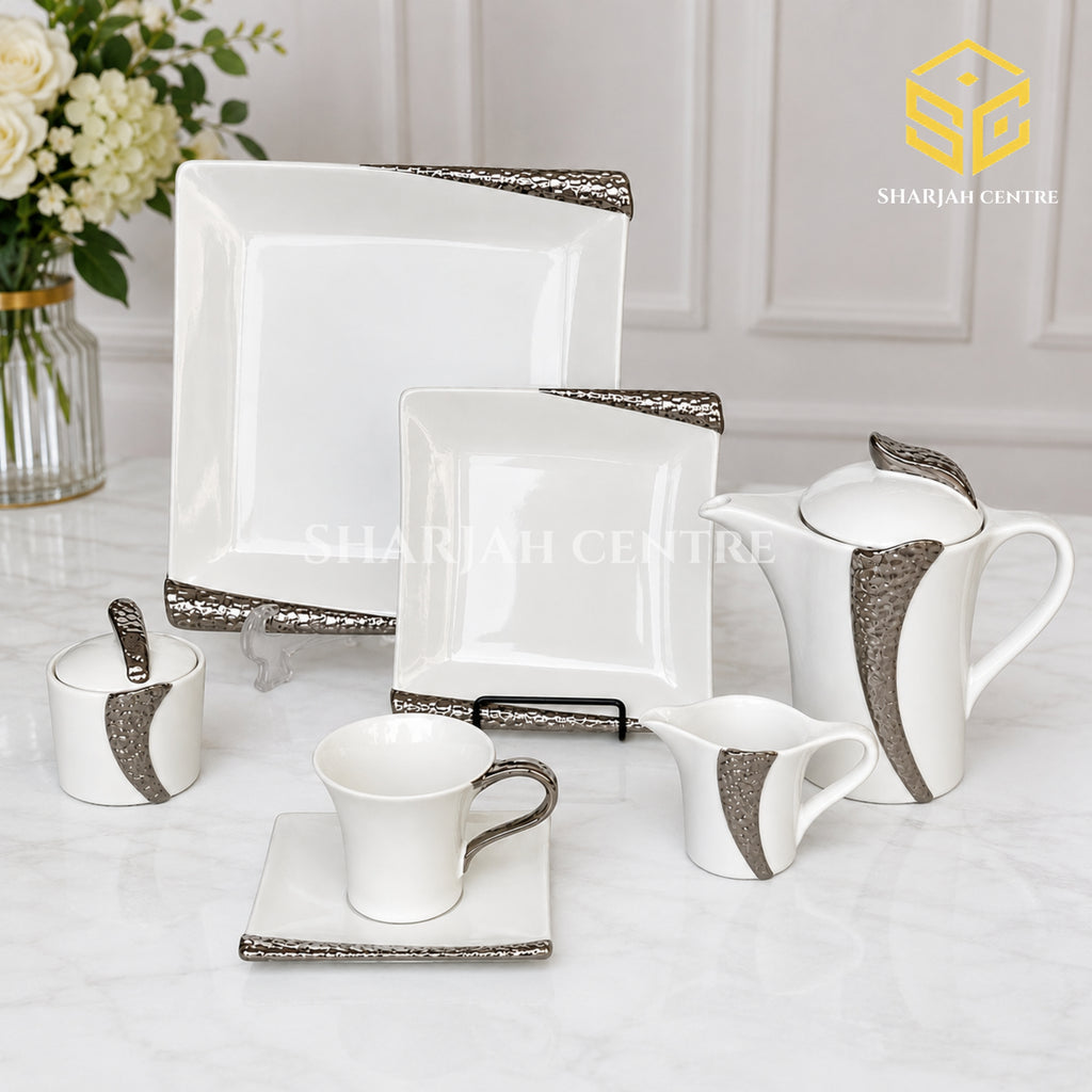 N C England Model 24-piece Super Bone tea set with 6 person serving, square plates and textured silver-tone accents color bg