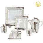 N C England Model 24-piece Super Bone tea set with 6 person serving, square plates and textured silver-tone accents white bg