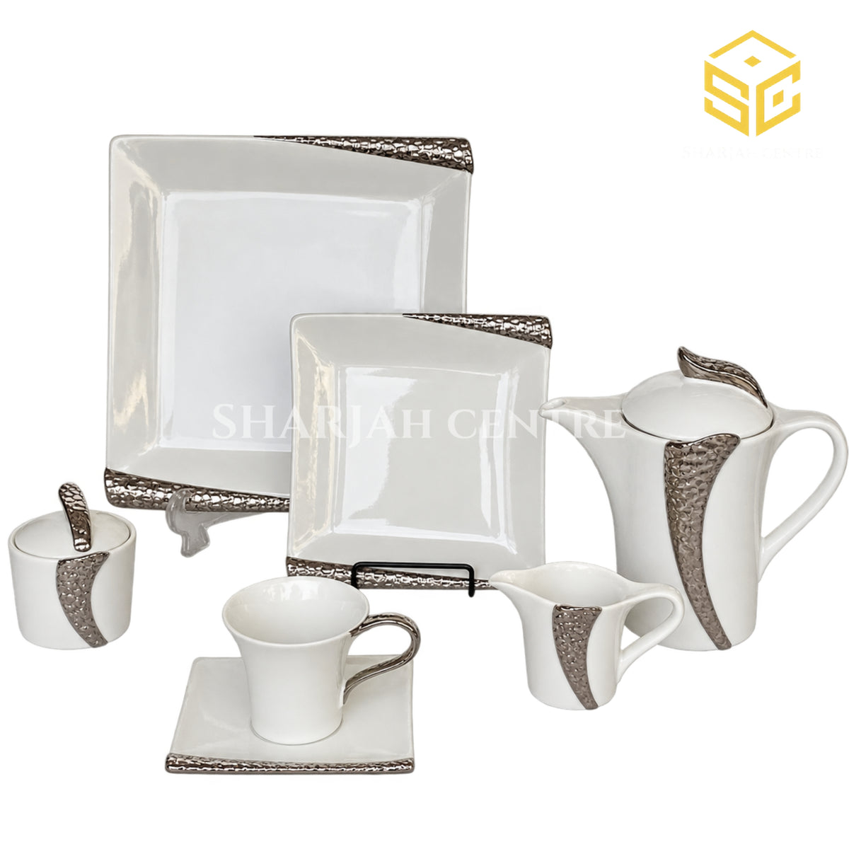 N C England Model 24-piece Super Bone tea set with 6 person serving, square plates and textured silver-tone accents white bg