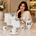 N C England Model 24-piece Super Bone tea set with 6 person serving, square plates and silver grapevine design model bg