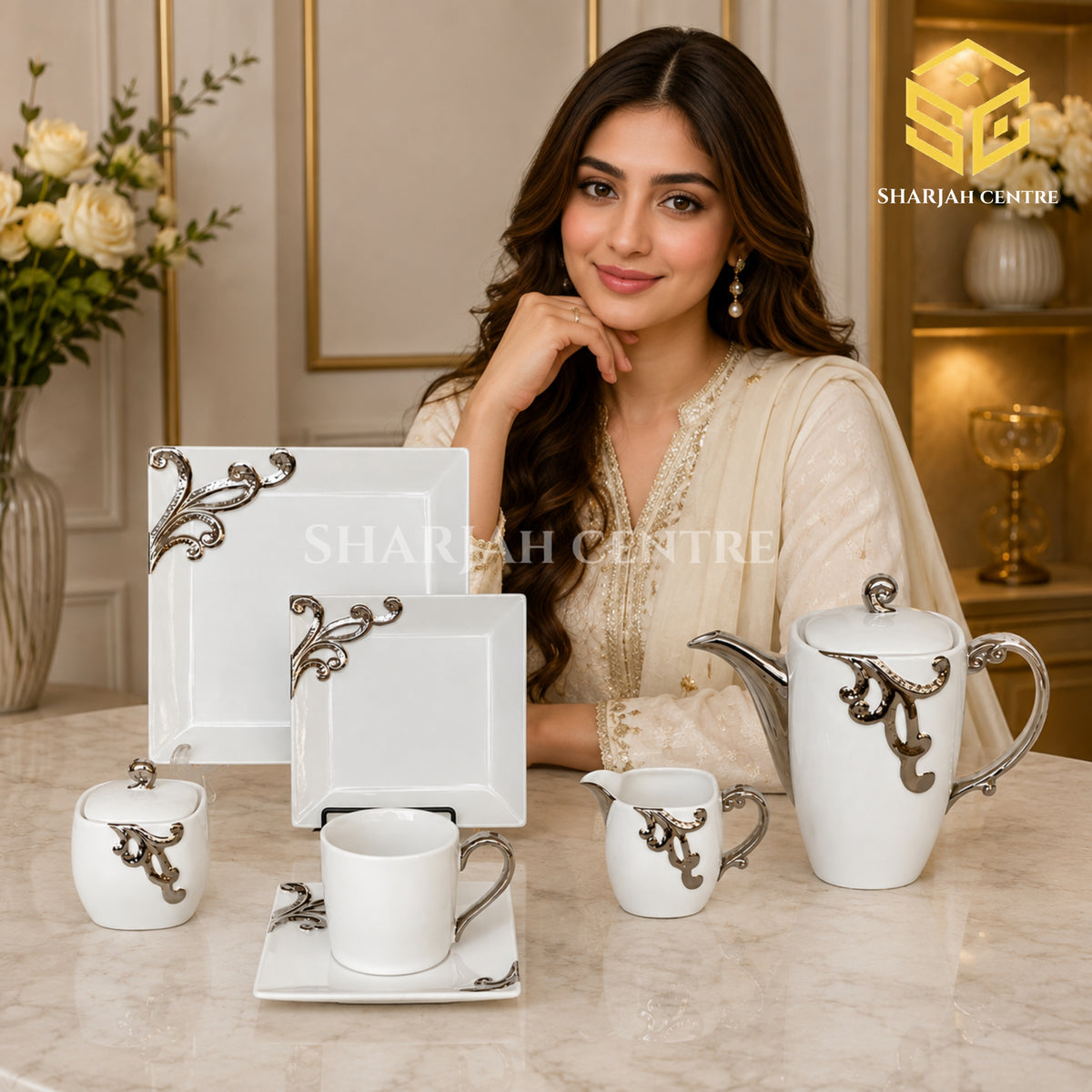 N C England Model 24-piece Super Bone tea set with 6 person serving, square plates and silver-tone scroll detailing model bg