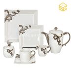 N C England Model 24-piece Super Bone tea set with 6 person serving, square plates and silver-tone scroll detailing white bg
