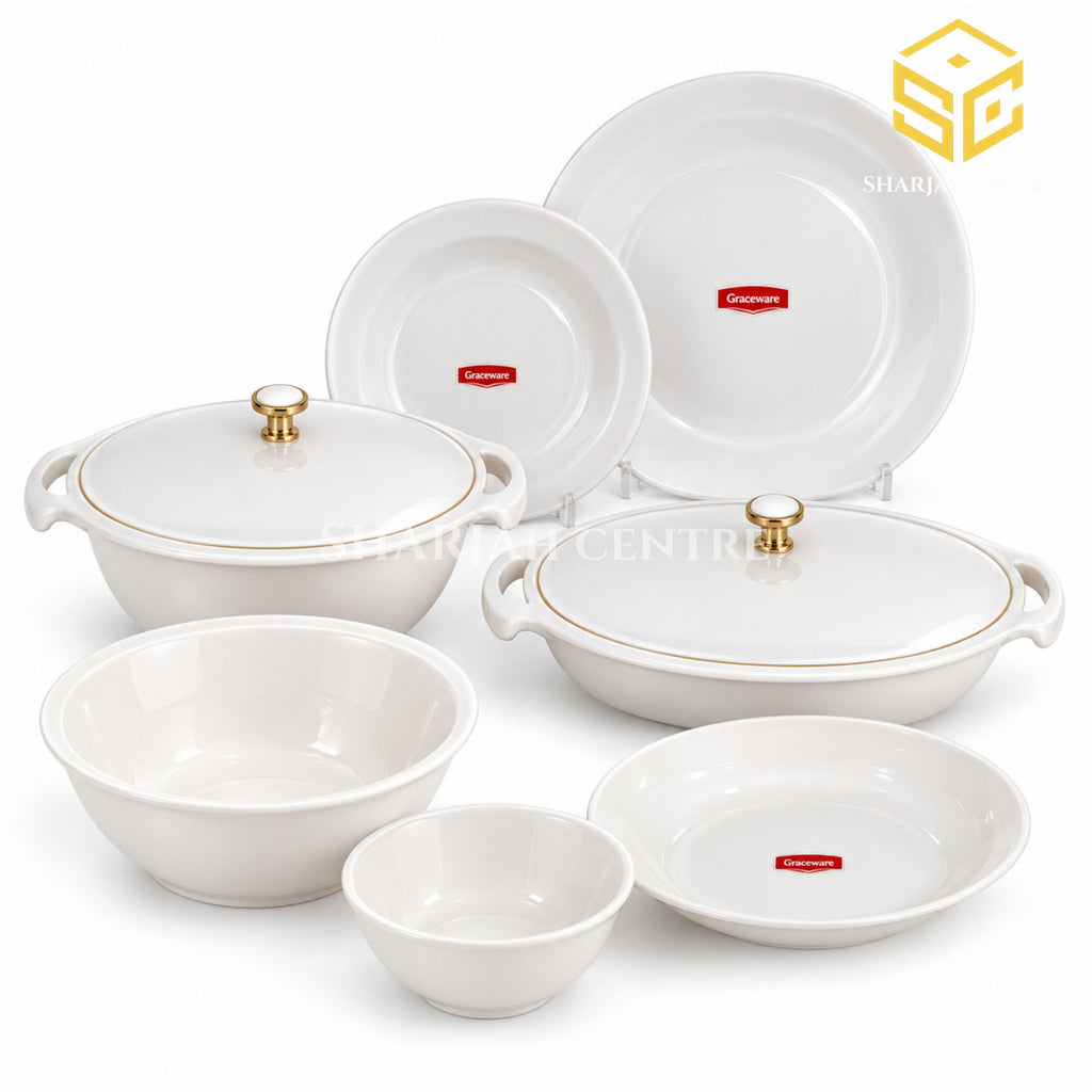 Neorah white dinner set, white background, glossy plates and bowls, covered serving dishes